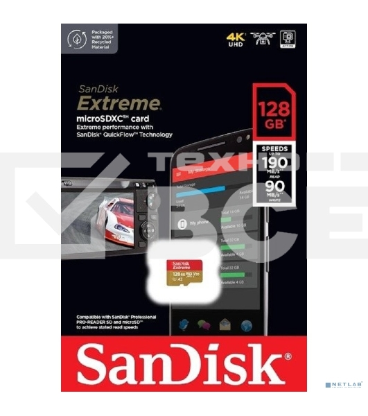 Флеш карта microSD 128GB SanDisk microSDXC Class 10 UHS-I A2 C10 V30 U3 Extreme 190MB/s