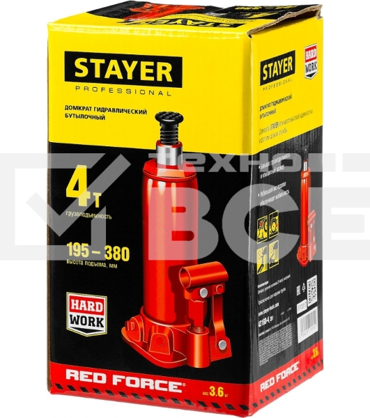 Домкрат STAYER 43160-4_z01гидравлический бутылочный red force 4т 195-380мм