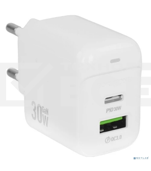 Сетевое зарядное устройство BOROFONE BAS45A/Сетевое ЗУ/PD + QC 3.0/2 USB: Type-C + Type-A/Выход: 30W + 18W/White