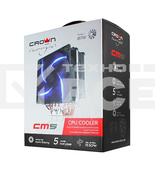 Кулер для процессора Crown CM-5 прозрачный/черный, 120 мм, 1500 об/мин, 30.8 дБ, 4 pin, 187 Вт, 148 мм