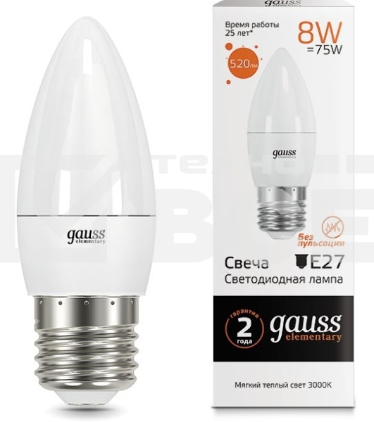 Лампа светодиодная LED Elementary Candle E27 8Вт 3000К Gauss 33218