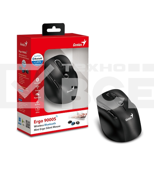 Мышь беспроводная Genius Ergo 9000S черный, 2400 dpi, радиоканал, Bluetooth, USB, кнопки - 6
