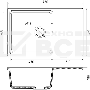 Мойка URBAN 678L black 1-чаша+крыло 780*490мм, монтаж: врезной, материал: кварц, цвет: черный