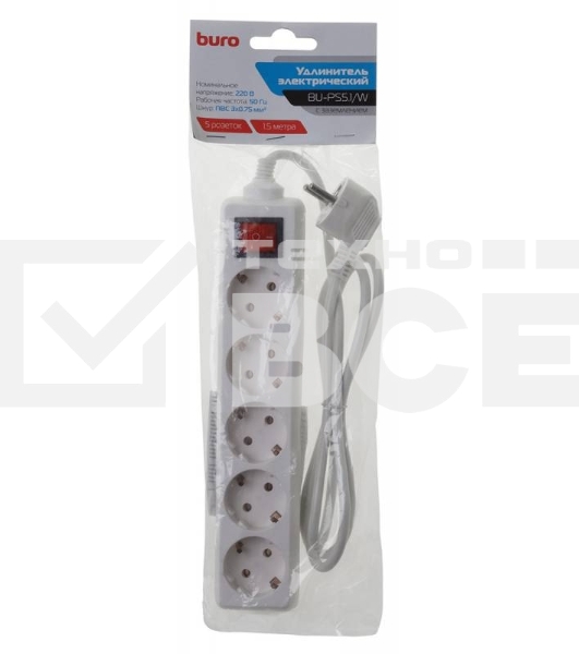 Сетевой удлинитель Buro BU-PS5.1/W 1.5м (5 розеток) белый (пакет ПЭ)