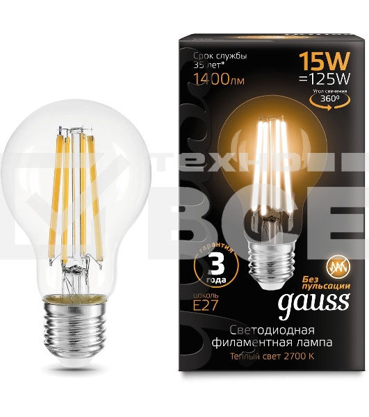 Лампа cветодиодная Gauss Filament А60 15W 1400lm 2700К Е27 LED 1/10/40