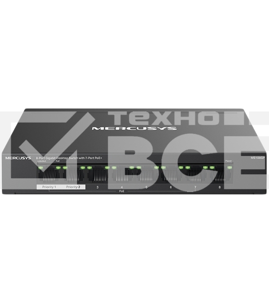 Настольный коммутатор Mercusys MS108GP с 8 гигабитными портами (7 портов PoE+)