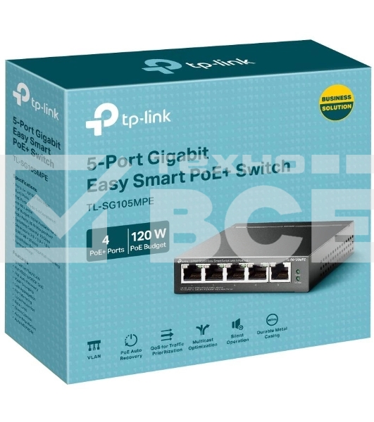 Коммутатор TP-Link TL-SG105MPE Easy Smart с 5 гигабитными портами (4 порта PoE+), 802.3af/at, бюджет PoE — 120 Вт, стальной корпус