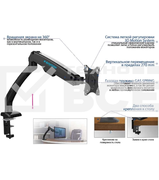 Кронштейн для мониторов Kromax OFFICE-8 black, для LCD/LED мониторов 15