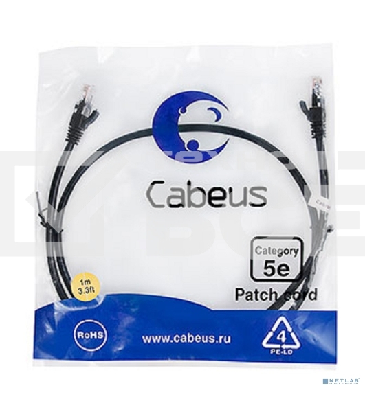 Шнур комм. Cabeus, Cat.5e, неэкр., U/UTP, RJ45/RJ45, LSZH, AWG24, 1м, черный