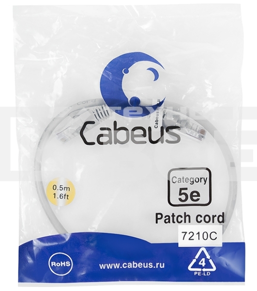 Шнур комм. Cabeus, кат. 5е, неэкр., U/UTP, RJ45/RJ45, PVC, AWG24, 0.5м, серый