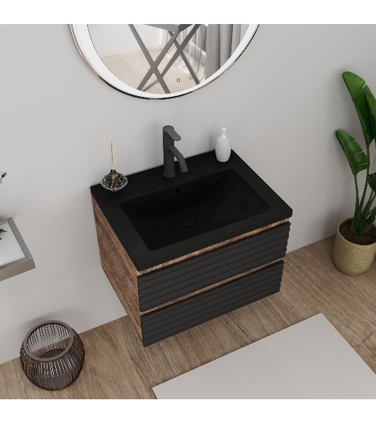 Тумба под раковину Bau Stil Loft black brushed, раковина кварцевая BAU Stil 58, черный металлик, смеситель Dream Black, черный