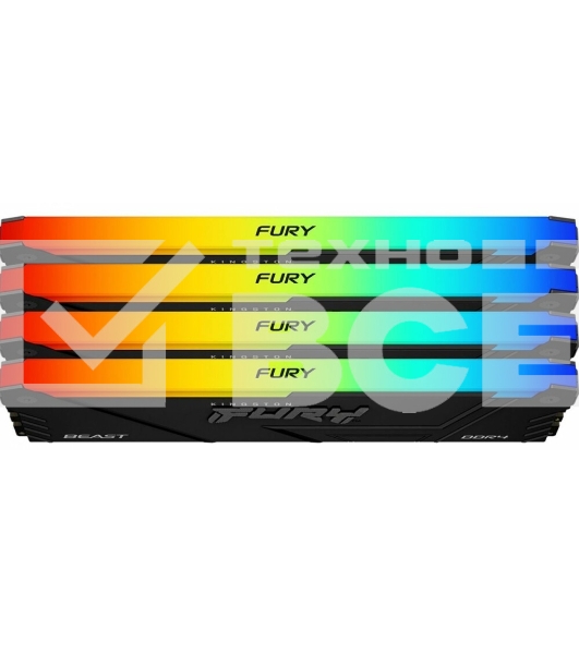 Оперативная память Kingston Fury Beast, DDR4, 64GB (4x16GB), 3200MHz, CL16, с радиатором, RGB, чёрный