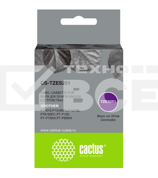 Картридж ленточный Cactus CS-TZES251 черный шрифт, белый фон (24 мм, 8 м) для Brother 1010/1280/1280VP/2700VP