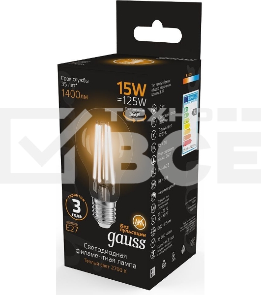 Лампа cветодиодная Gauss Filament А60 15W 1400lm 2700К Е27 LED 1/10/40