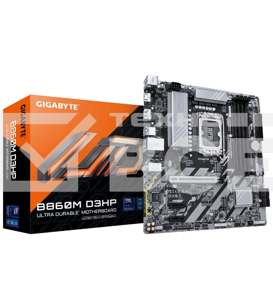 Материнская плата Gigabyte B860M D3HP, LGA 1851, Intel B860, 4xDDR5, 4xSATA, 2xM.2, 1xPCIe 5.0 x16, 2xPCIe x1, 1xHDMI, 1xDP, 1x 1Gb LAN, 3xUSB-A 3.2 Gen 1, 3xUSB-A 2.0, 1xUSB-C 3.2 Gen 1, 3x3.5 мм, 7.1, mATX