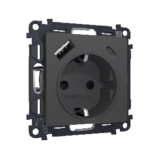Комплект механизма электрической розетки ALFA Графит мягкое касание 2USB A+C 20W (быстрая зарядка) с/з QUANT (AP9100, VM160) MA910010