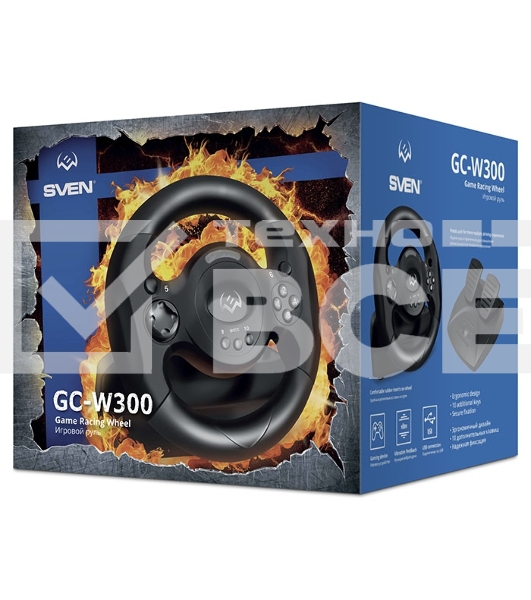 Руль SVEN GC-W300 (педали, вибро, лепестки, D-pad, 10 кл, резин. вставки, PC, цифр. и аналог.