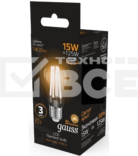Лампа cветодиодная Gauss Filament А60 15W 1400lm 2700К Е27 LED 1/10/40