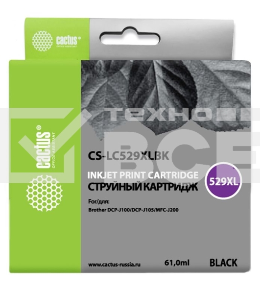 Картридж струйный Cactus CS-LC529XLBK черный (61 мл) для Brother DCP-J100/J105/J200