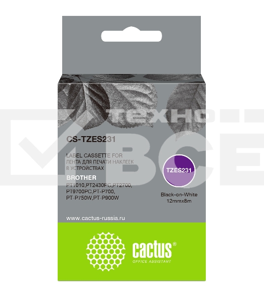 Картридж ленточный Cactus CS-TZES231 черный шрифт, белый фон (12 мм, 8 м) для Brother 1010/1280/1280VP/2700VP
