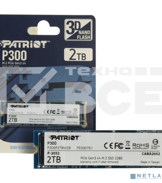Накопитель SSD Patriot P300, 2TB, PCIe 3.0 x4, M.2 2280, NVMe, R/W 2100/1650
