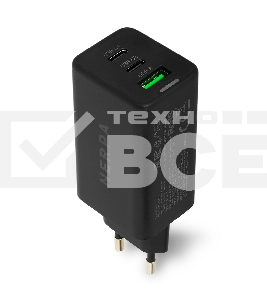 Зарядное устройство NERPA PD333CBX 65W GaN PD+QC3.0, 2xUSB-C, 1xUSB-A, USB-C - USB-C 100W cable 1.5m черный, EU plug, BOX