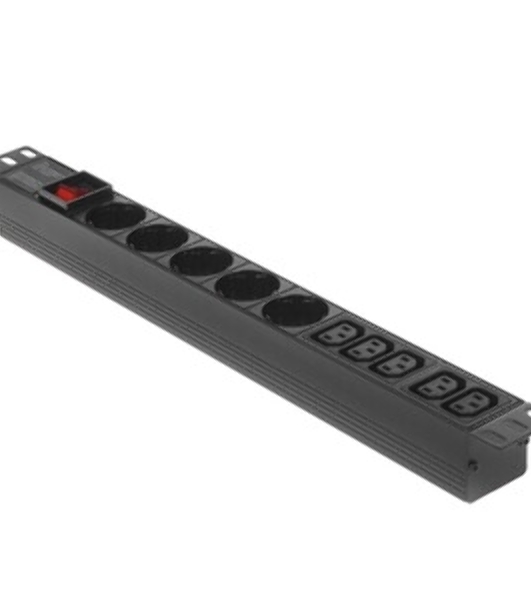 Блок розеток горизонтальный ExeGate ServerPro PDU-19H008 Al-5C135S-C14-SW, 19', 1U, Алюминий, 5 IEC 320 C13, 5 Schuko, С14, выкл. с подсветкой, черный