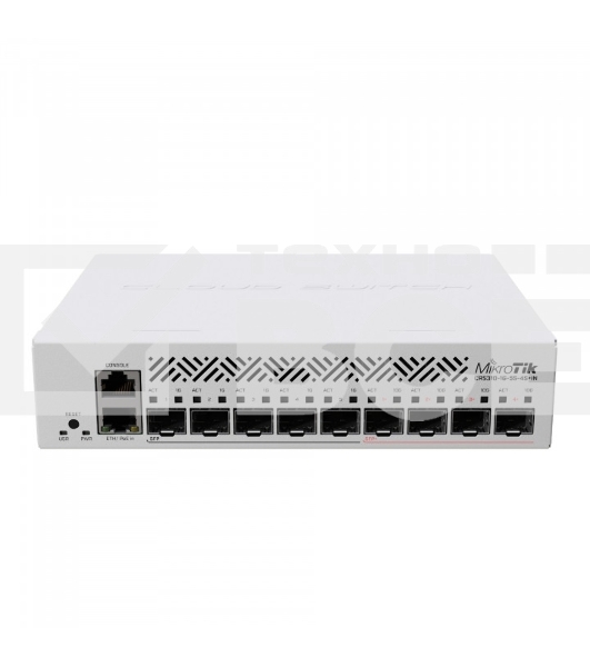 Коммутатор MikroTik Cloud Router Switch CRS310-1G-5S-4S+IN with 800 MHz CPU, 256 MB RAM, 4xSFP+, 5xSFP cages, 1xGBit LAN port, RouterOS L5, desktop case, rackmount ears, PSU
