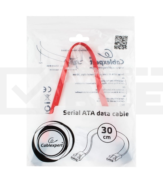 Кабель интерфейсный SATAIII Cablexpert CC-SATAM-DATA-0.3M, 30см, 7pin/7pin, защелка, пакет