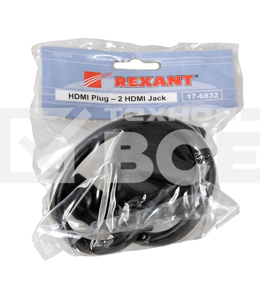 Переходник Rexant штекер HDMI - 2 гнезда HDMI с проводом, черный (10 шт./уп.)