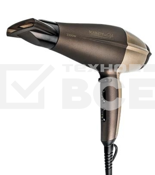 Фен Scarlett SC-HD70I26 мощность 2200Вт ионизация, подача холодного воздуха режимов нагрева: 3 скоростей: 2 мокко