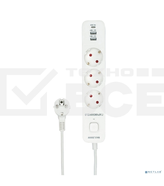 Сетевой фильтр Гарнизон EPS-3-CU2-W-2 2.0 Мультипорт 3р, 10А, 1xType-C PD, 2 х USB QC, 2м, ур.защиты 2+, белый, пак (21448)