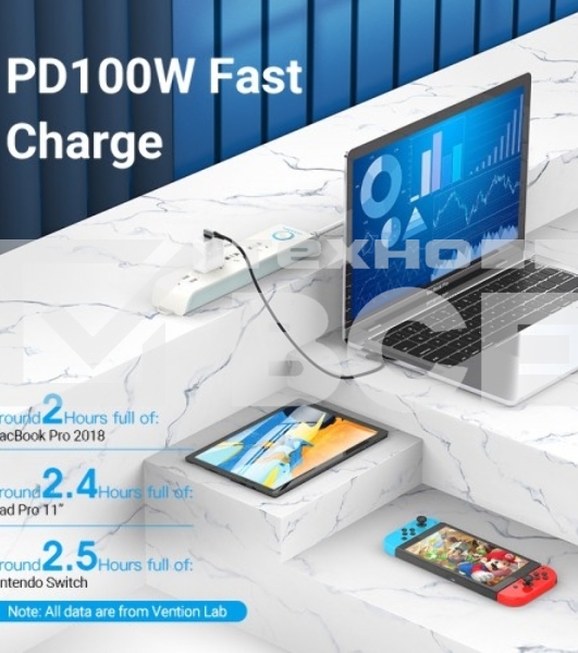 Кабель Vention USB 2.0 CM/CM угловой - 1м. Серый 5А PD100W