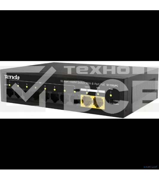 Коммутатор неуправляемый Tenda S110GPC PoE, 10 портов, 8x100 Мбит/с, 2х1 Гбит/с, PoE 8х30 Вт (до 80 Вт), настольный
