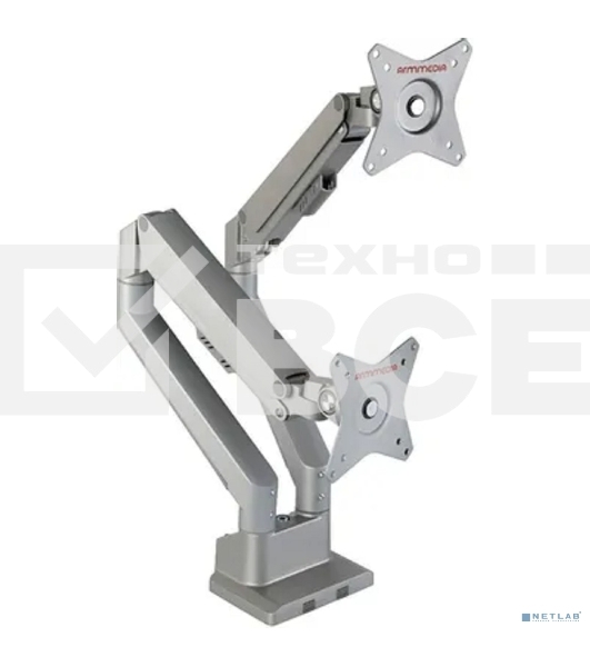 Кронштейн Arm media LCD-T36 серебристый, 4 шт/уп. Кр. алюм. настол. для 2-х мон. 15'-34', max 2х9 кг, нак. ±45°, пов. ±180°, от стола 495 мм, max VESA 100x100 мм.