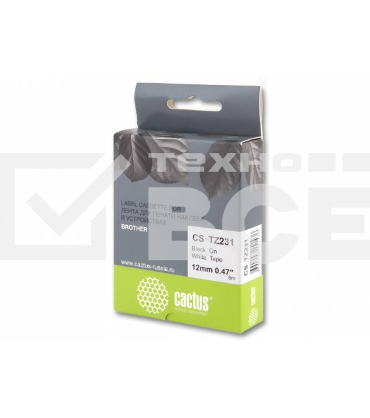 Картридж ленточный Cactus CS-TZ231 12 мм, 8 м, черный шрифт, белый фон, для BROTHER 1010/1280/1280VP/2700VP
