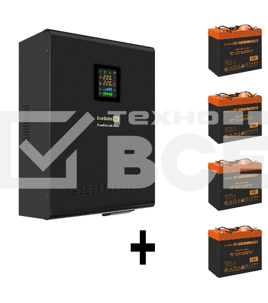 Комплект ИБП EX296003RUS + батарея 55Aч EX285652RUS 4шт (инвертор, синус, для котла, настенный) ExeGate FineSine SX-3000.LCD.AVR.2SH.T <3000VA/2100W, чистая синусоида, цветной LCD-дисплей, AVR, 2*Schuko+клеммы, линейно-интерактивный, крепление настенное, 