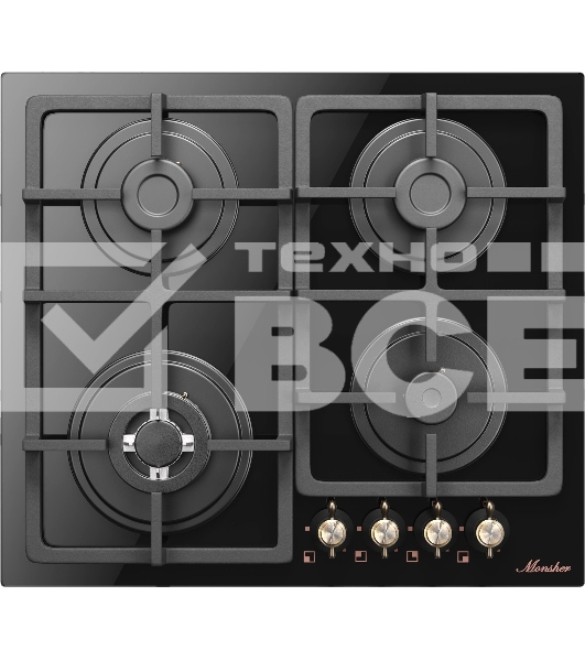 Варочная поверхность MONSHER MGG 67 RN Bronze, Classic, газ, 60 см, газ-контроль, автоматический электроподжиг, чугунные решетки, форсунки под сжиженый газ, поворотные переключатели, цвет черный/бронзовый