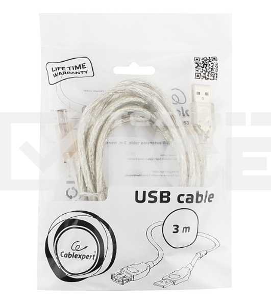 Кабель Cablexpert USB2.0 Pro, AM/AF, 3м, экран, 2 феррит.кольца, прозрачный (CCF-USB2-AMAF-TR-10)