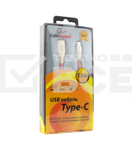 Кабель USB 2.0 Cablexpert CC-G-USBC01R-1.8M, AM/Type-C, серия Gold, длина 1.8м, красный, блистер
