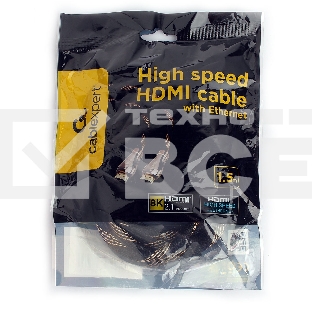 Кабель Cablexpert HDMI CCP-HDMI8К-1.5M, 19M/19M, v2.1, 8К, медь, позол.разъемы, экран, оплетка, 1.5м, черный, пакет