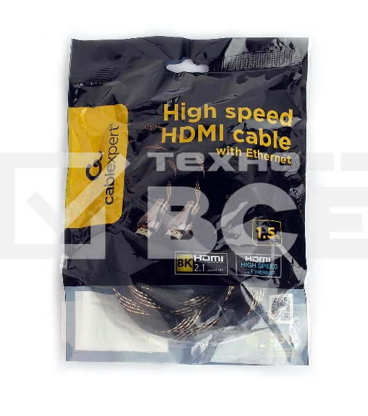Кабель Cablexpert HDMI CCP-HDMI8К-1.5M, 19M/19M, v2.1, 8К, медь, позол.разъемы, экран, оплетка, 1.5м, черный, пакет
