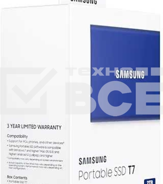 Внешний SSD Samsung T7, 2TB, USB 3.2 Gen 2 Type-C, R/W 1050/1000, синий