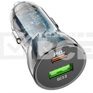 Автомобильная зарядка HOCO Z47A прозрачный 1xUSB-1xUSB-C, 3А PD30W QC3.0, черный