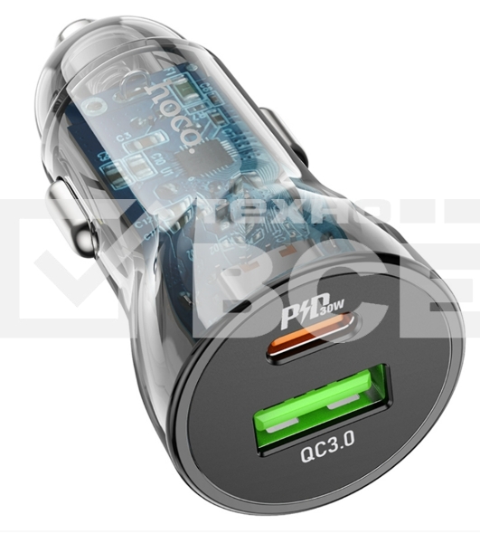 Автомобильная зарядка HOCO Z47A прозрачный 1xUSB-1xUSB-C, 3А PD30W QC3.0, черный