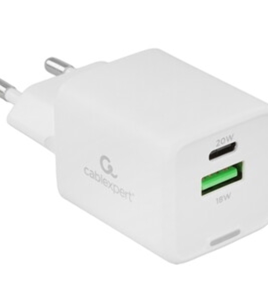 Зарядное устройство Cablexpert MP3A-PC-61, 20Вт GaN, 3А, QC4.0/PD, 1xUSB, 1xType-C, белый, пакет