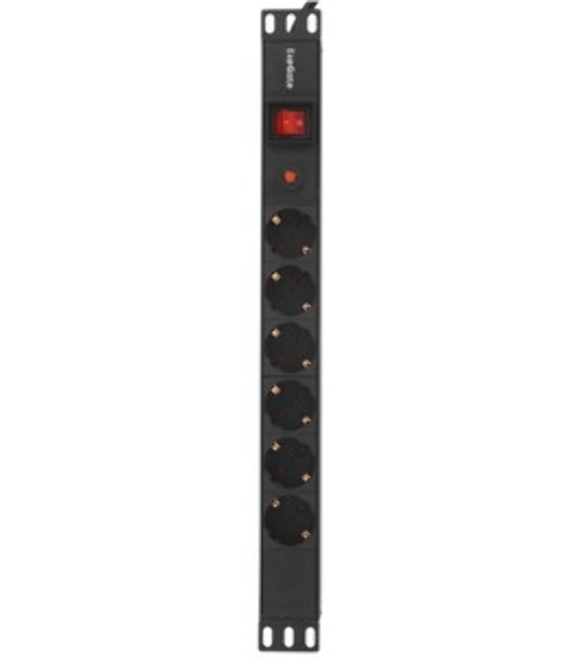 Блок розеток горизонтальный ExeGate ServerPro PDU-19H606 Al-6S-EU2-SW-O, 19', 1U, Алюминий, 6 Schuko, кабель с евровилкой VDE-250V-16A-3*1.5мм2, 2 метра, выкл. с подсветкой, защита от перегрузки, черный