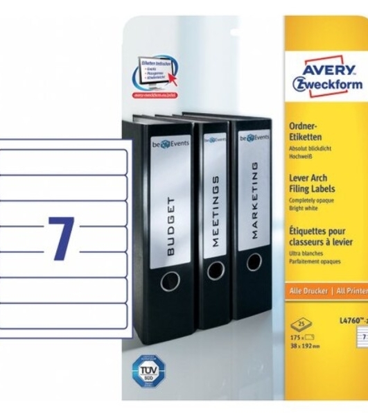 Этикетки Avery Zweckform L4760-25 A4 38x192мм 7шт на листе/80г/м2/25л./белый самоклей. универсальная