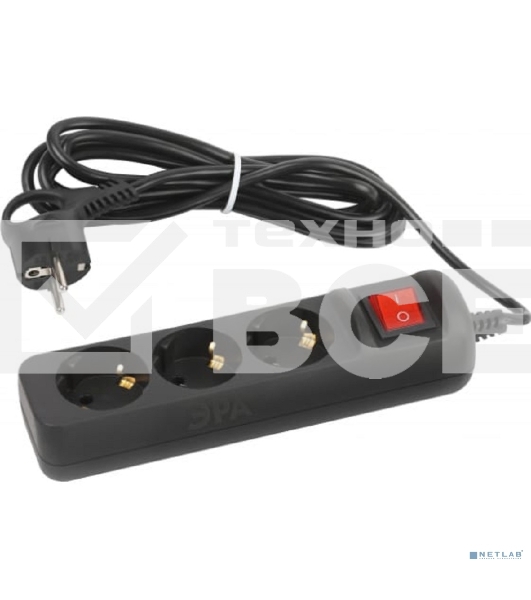 Удлинитель электрический ЭРА UX-3es-3m-B с заземлением с выключателем 3 розетки 3 м ПВС 3x0,75 мм2 10А черный