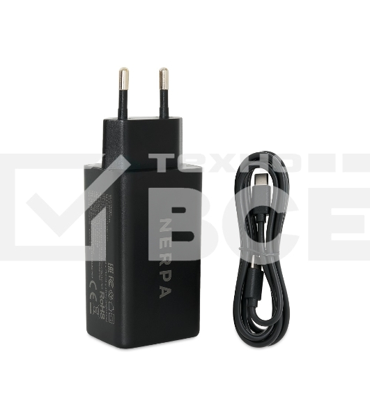Зарядное устройство NERPA PD333CBX 65W GaN PD+QC3.0, 2xUSB-C, 1xUSB-A, USB-C - USB-C 100W cable 1.5m черный, EU plug, BOX